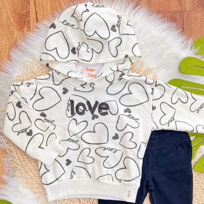 Conj. Casaco de Moletom Love com Capuz e Calça Legging Flare - Off White e Preto